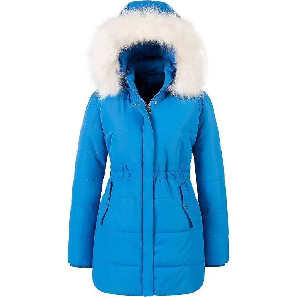 Women's Blue Winter Warm Long Drawstring Waterproof Snow Puffer Jacket
